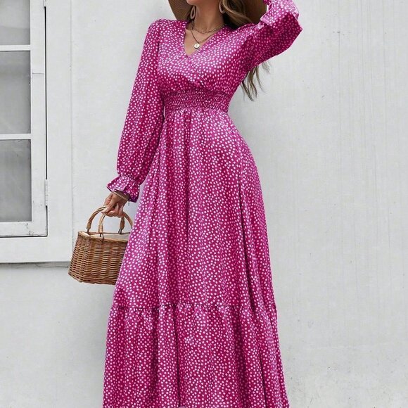 Pink Boho Womens Ditsy Floral Print Flounce Sleeve Shirred Dress - Picture 3 of 5